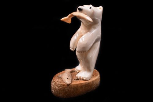 BEAR WITH FISH IVORY CARVING